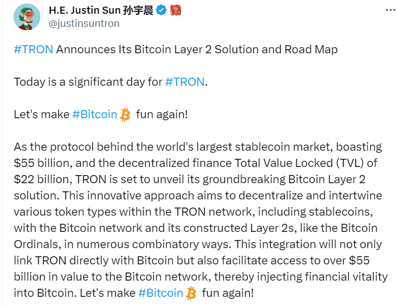 孙宇晨：波场TRON正式公布比特币第二层解决方案及路线图