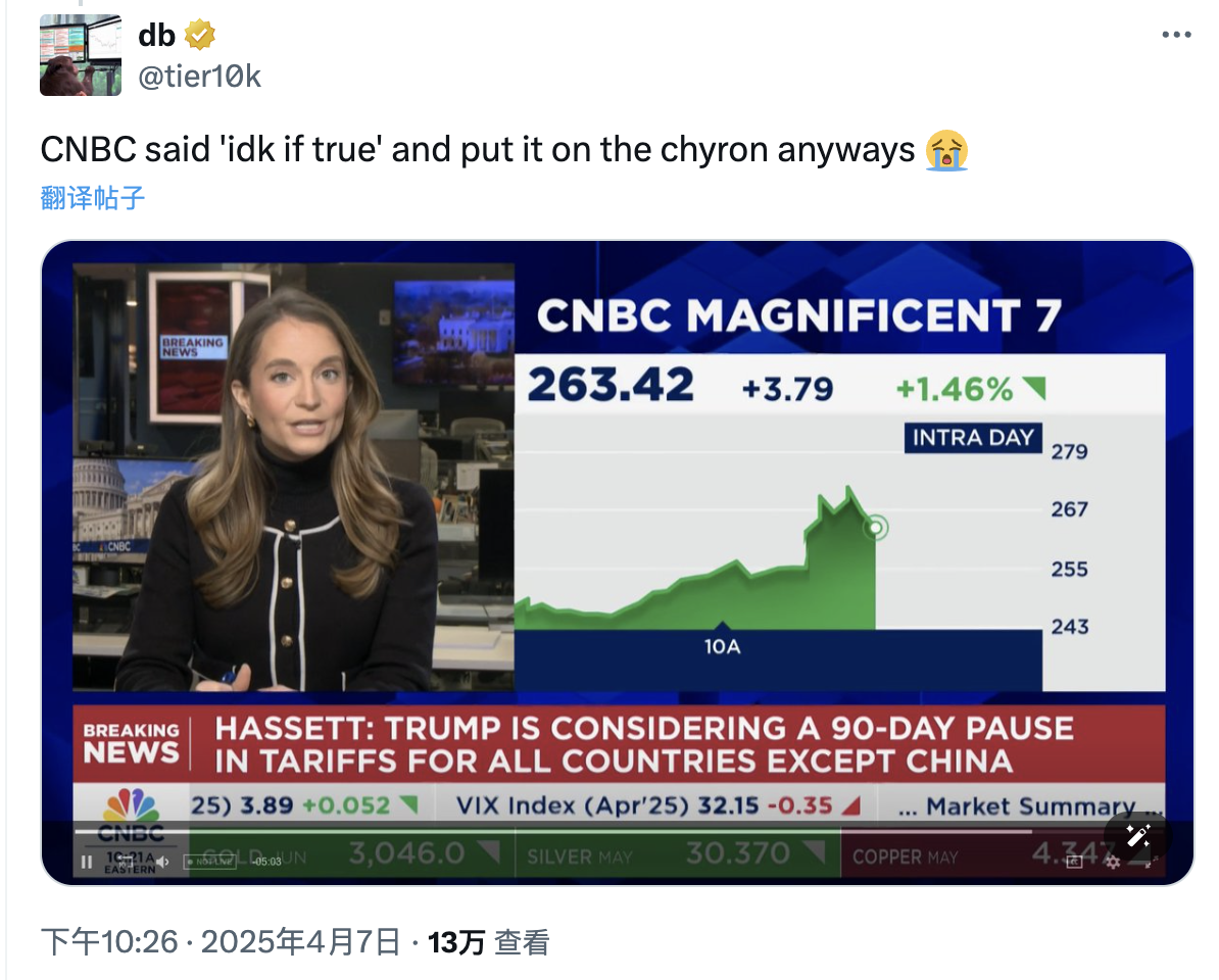 “关税暂停”乌龙戏耍市场，这波CNBC背大锅