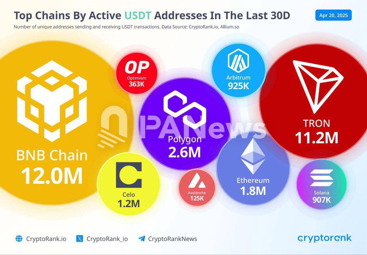 过去30日USDT活跃地址数：BNB Chain以近1200万领先，TRON以1120万次之